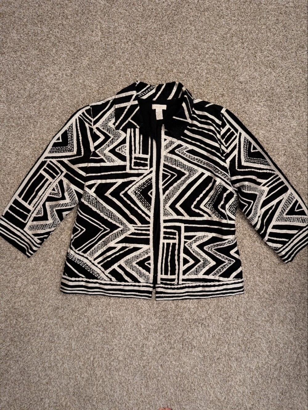 Chicos Women's Black & White Geometric Jacket Linen Cotton Blend Sz M Art